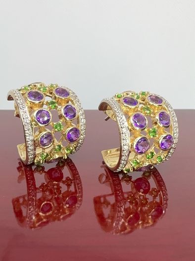 Silver earrings Harry Ivens Amethyst & Chrome Diopside Hoop Earrings