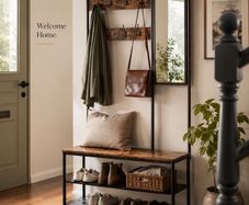 Industrial Coat Rack with Mirror Shoe Bench Hallway Storage Unit Vintage Brown