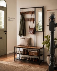 Industrial Coat Rack with Mirror Shoe Bench Hallway Storage Unit Vintage Brown