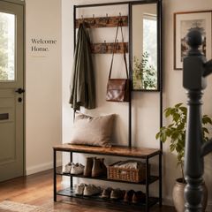 Industrial Coat Rack with Mirror Shoe Bench Hallway Storage Unit Vintage Brown
