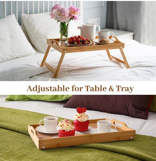 Brand New KKTONER Bed Tray Serving Tray Breakfast Tray Bamboo with Folding Feet Bedside Table