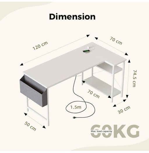 Small L Shaped Desk with Power Outlets,120x70 cm