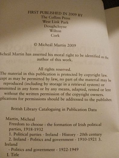 Freedom to Choose/ Michael Martin/ Cork & Party Politics in Ireland 1918- 1932/ 2009/ 1st edition