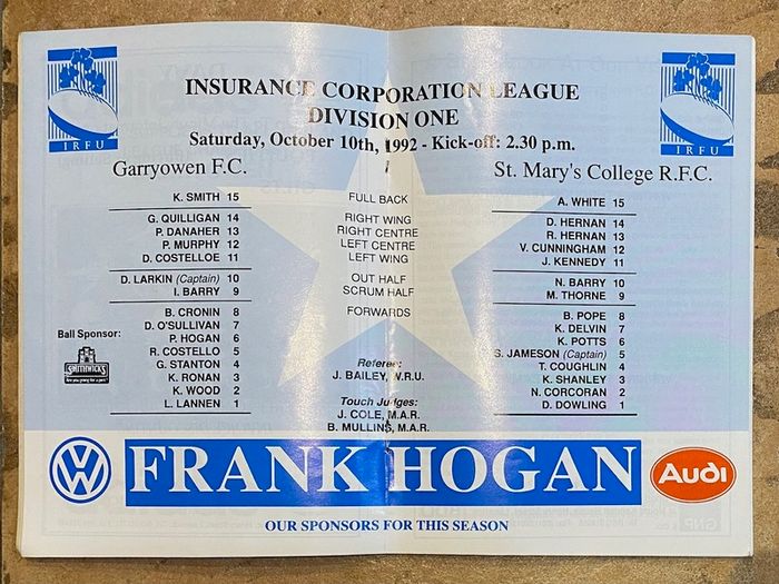 1992 Garryowen FC v St. Mary's College RFC - AIL Division 1 Rugby Programme