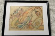 picture highly stylized psychedelic fantazy dragon drawing signed kew Garrett 1987