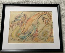 picture highly stylized psychedelic fantazy dragon drawing signed kew Garrett 1987