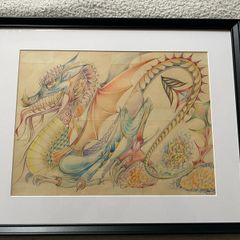 picture highly stylized psychedelic fantazy dragon drawing signed kew Garrett 1987