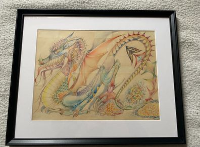 picture highly stylized psychedelic fantazy dragon drawing signed kew Garrett 1987