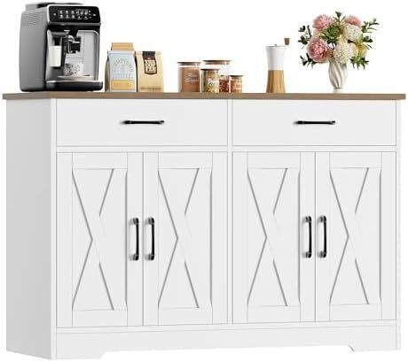 Sideboard, 120 cm Wide Kitchen Cabinet with Worktops, Kitchen Buffet Storage Cabinet with 2 Drawers and 4 Doors, Living Room, Kitchen, Hallway, White & Brown