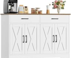 Sideboard, 120 cm Wide Kitchen Cabinet with Worktops, Kitchen Buffet Storage Cabinet with 2 Drawers and 4 Doors, Living Room, Kitchen, Hallway, White & Brown