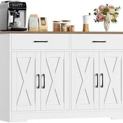 Sideboard, 120 cm Wide Kitchen Cabinet with Worktops, Kitchen Buffet Storage Cabinet with 2 Drawers and 4 Doors, Living Room, Kitchen, Hallway, White & Brown