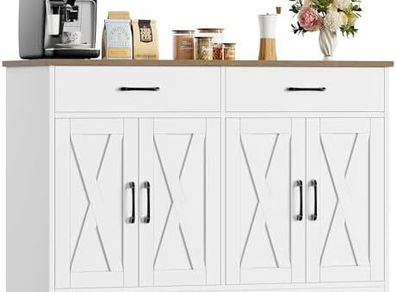 Sideboard, 120 cm Wide Kitchen Cabinet with Worktops, Kitchen Buffet Storage Cabinet with 2 Drawers and 4 Doors, Living Room, Kitchen, Hallway, White & Brown