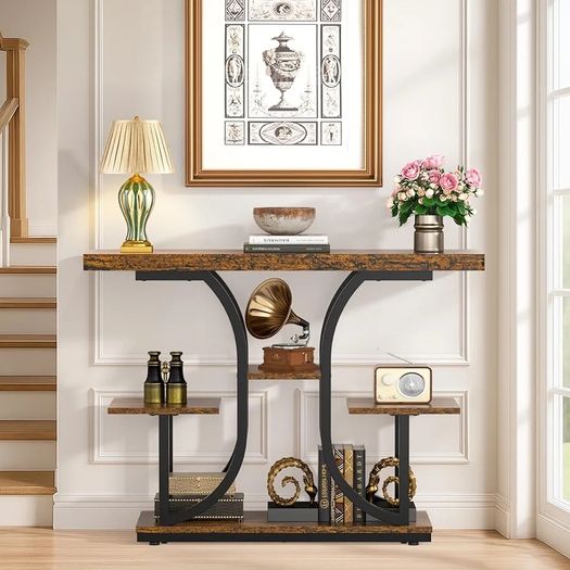 Console Table, 42.5inch Hallway Table Behind Sofa Table with Curved Base, Industrial 4-Tier Narrow Wood Slim Console Table with Storage for Living Room, Entryway, Foyer, Rustic Brown
