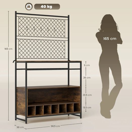 Kitchen rack with work surface, metal grid panels, 5 hooks, kitchen cabinet for spices, pots, pans, brown