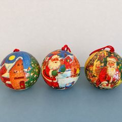 3 x Vintage Paper Mache Decoupage Christmas Bauble Ornaments - Santa Father Christmas