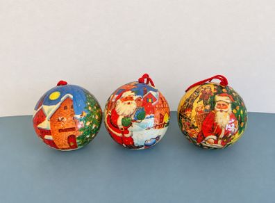 3 x Vintage Paper Mache Decoupage Christmas Bauble Ornaments - Santa Father Christmas