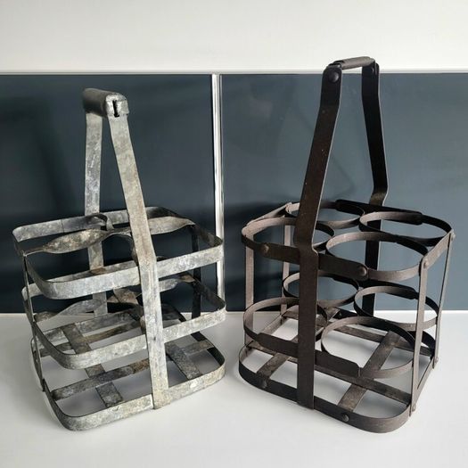 Vintage French metal bottle carrying crates