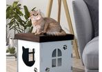 White wooden Cat Cave Pet House Shelter Upholstered Lid with Scratching Pad