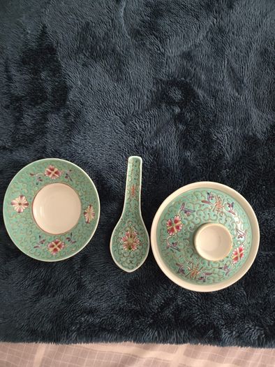 Vintage 4-Piece Chinese Jingdezhen Turquoise Gaiwan Tea Set, Plate & Spoon (1950s/70s)