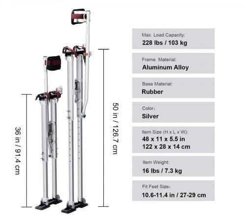 Drywall Stilts, 91.4 cm-127 cm Adjustable Aluminum Tool Stilts with Protective Knee Pads, Durable and Non-slip Work Stilts for Sheetrock Painting