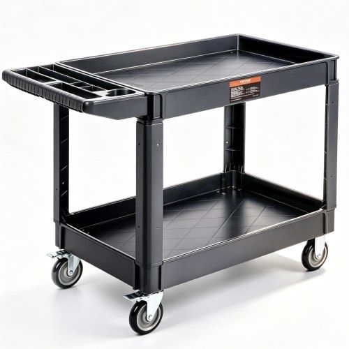 Utility Service Cart, 2 Shelf 249.5 kg Heavy Duty Plastic Rolling Utility Cart with 360 Swivel Wheels (2 with Brakes), Large Lipped Shelf, Ergonomic Storage Handle for Warehouse/Garage/Cleaning
