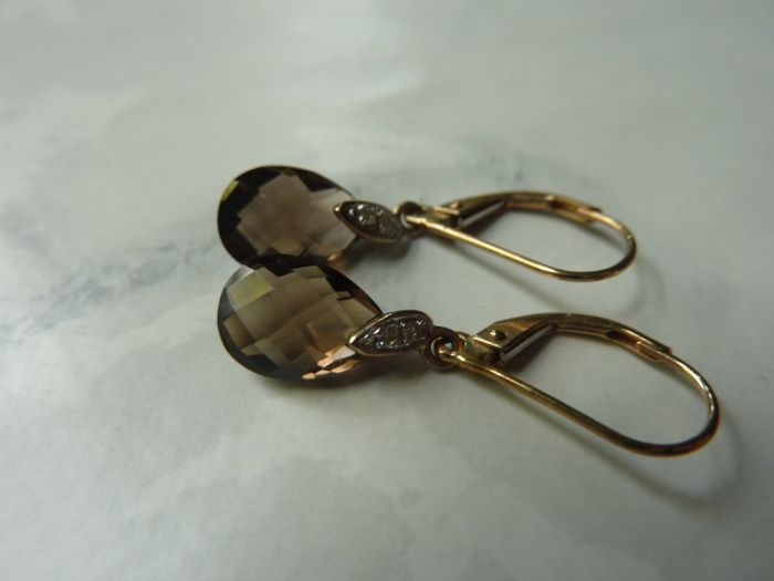 9ct Gold Smoky Quartz and Diamond Drop Earrings, Leverback, 1.58g