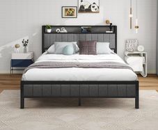 King Size Bed Frame With Storage Headboard, Upholstered Platform Bed Frame/Mattress Foundation/Metal Slat Support/No Box Spring Needed/Dark Grey