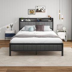 King Size Bed Frame With Storage Headboard, Upholstered Platform Bed Frame/Mattress Foundation/Metal Slat Support/No Box Spring Needed/Dark Grey