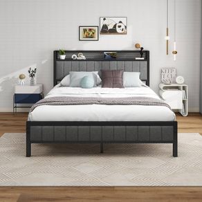 King Size Bed Frame With Storage Headboard, Upholstered Platform Bed Frame/Mattress Foundation/Metal Slat Support/No Box Spring Needed/Dark Grey