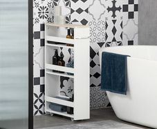 Storage Cart, 4-Tier Compact Storage Trolley on Wheels and Handle, 48W x 15D x 80H cm, White