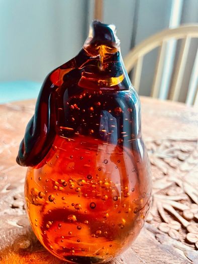 Large Vintage Amber Art Glass Pear Paperweight Hand Blown Bubble Glass Autumn Decor