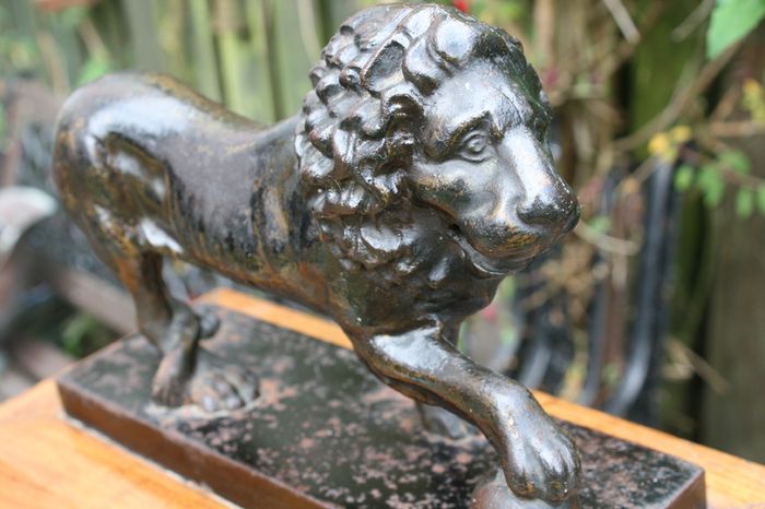 Antique Cast Iron Lion Figurine on Wooden Base