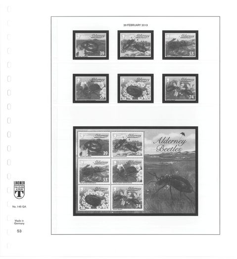 2012 & 13 Alderney Lindner-T Illustrated 18-ring hingeless album pages. Pages 49-56. These are new and have never been used. 8 pages