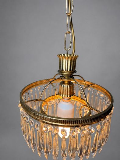 Vintage 1960s French Brass & Crystal Waterfall Chandelier