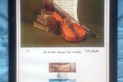 1985 Isle of Man Year of Music Limited Edition Lithographed Print measuring 333mm X 257mm showing Violin with set of Commemorative stamps with First Day of Issue Cancel