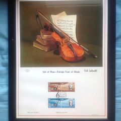 1985 Isle of Man Year of Music Limited Edition Lithographed Print measuring 333mm X 257mm showing Violin with set of Commemorative stamps with First Day of Issue Cancel