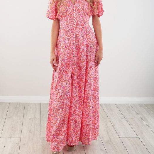 QED London boho hippie pink orange and yellow paisley floral maxi dress