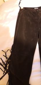 Chocolate Brown Suede Genuine Leather Fringed Cowboy Style Ladies Trousers Size 8
