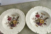 Mason's "Friarswood" Pattern, Embossed Rim, Multi Colored Floral Decoration, Green, Brown Leaves On White, Set Of Two dessert /  Cereal Bowls, 1940s or as hanging plates.