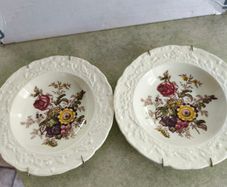 Mason's "Friarswood" Pattern, Embossed Rim, Multi Colored Floral Decoration, Green, Brown Leaves On White, Set Of Two dessert /  Cereal Bowls, 1940s or as hanging plates.