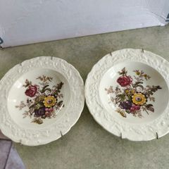 Mason's "Friarswood" Pattern, Embossed Rim, Multi Colored Floral Decoration, Green, Brown Leaves On White, Set Of Two dessert /  Cereal Bowls, 1940s or as hanging plates.