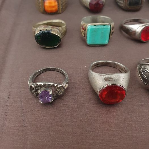 Antique Brass Ring Collection 15 Mixed Handmade Stone & Glass Rings