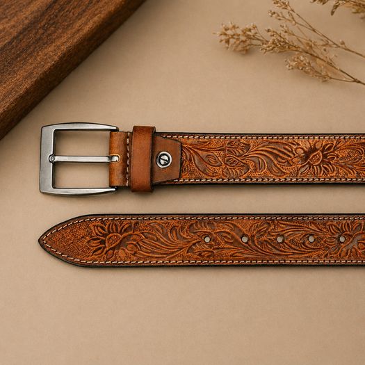 Unisex Genuine Leather Belt Vintage Embossed Design with Antique Buckle Casual & Formal Waist Belt