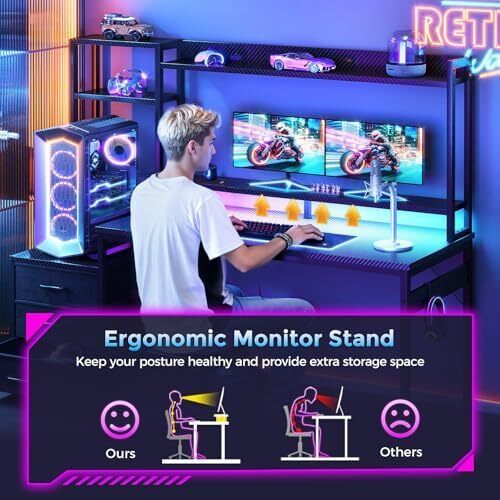 Gaming Desk with Drawers & Display Shelves, 120x48 cm Computer Desk with LED Lights & Sockets, Reversible PC Gaming Table with Monitor Stand, Carbon Fiber Black
