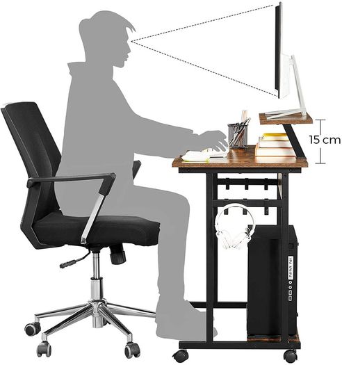 Computer Desk with Wheels with Monitor Attachment 6 Hooks 80 x 50 x 90 cm Industrial Design Vintage Brown/Black
