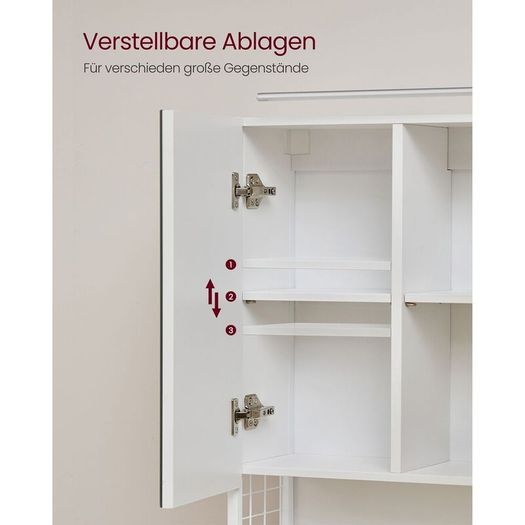 LED Mirrored Bathroom Cabinet White with Storage, Basket & Hair Dryer Holder