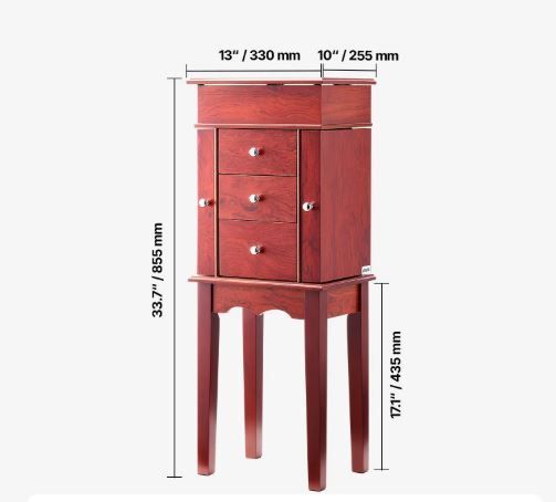 Jewelry Cabinet Standing Wood Jewelry Storage Chest with 3 Drawers, Flip Top Mirror