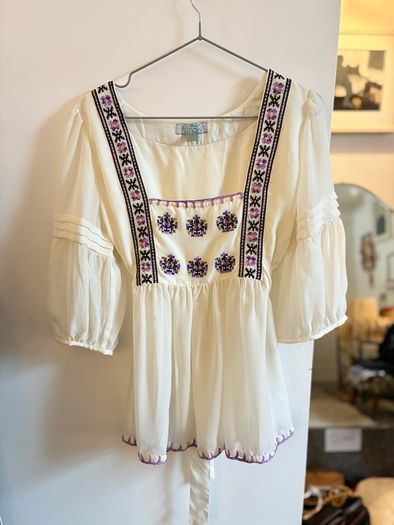 Monsoon square neck tie back blouse with crochet and cross stitch details