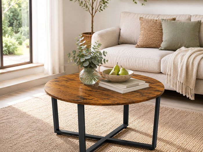 Round Coffee Table Industrial Living Room Table Rustic Brown Black 88 cm