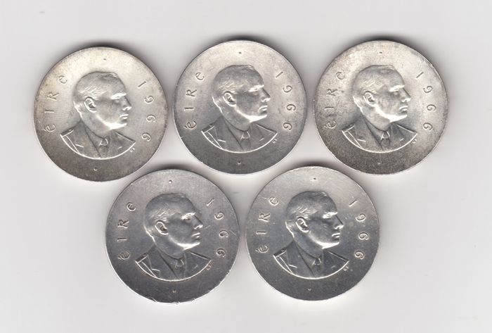 Ireland, 5 x Pearse 10/-, 1966, 83.3% silver coins, (no G20)